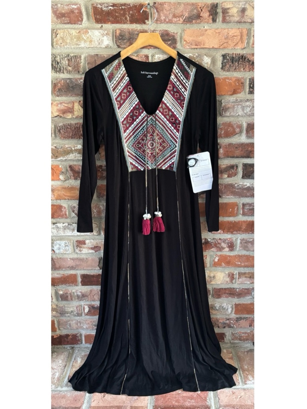 Soft Surroundings Black Knit Tassel V Neck Maxi Dress, S